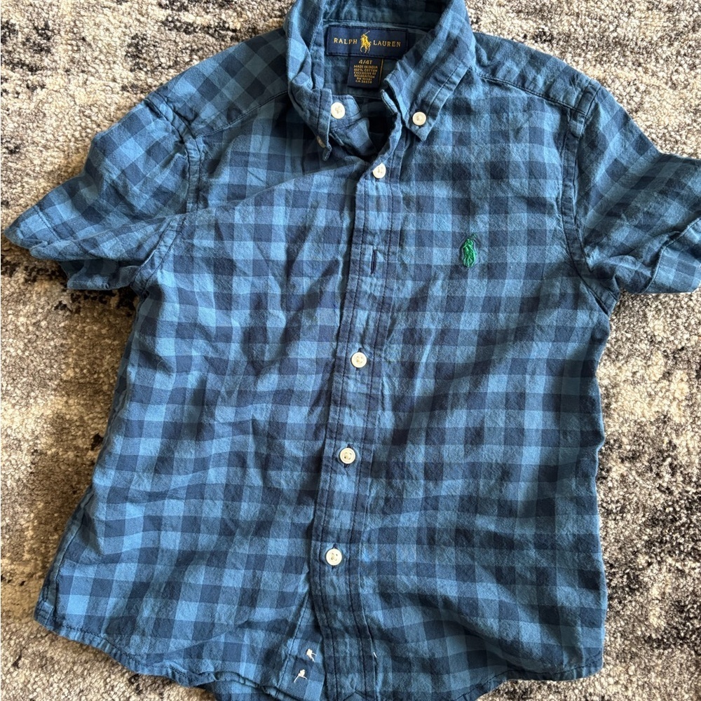 Ralph Lauren Boys Kids Blue Checkered Plaid Button Down Pony Shirt 4T